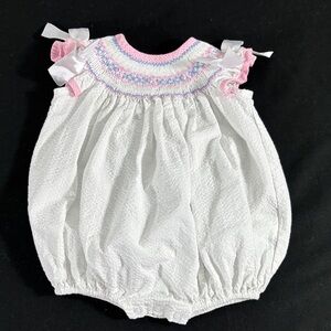 White & Pink Smocked Baby Bubble Bodysuit